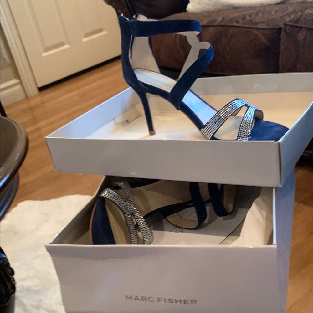 COPY - Marc Fisher Navy and Metallic Strappy Heels